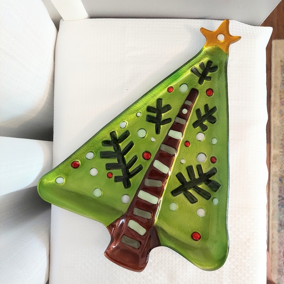 Christmas Tree Glass Platter Abstract Tray Metallic Green Silvestri - Picture 1 of 6